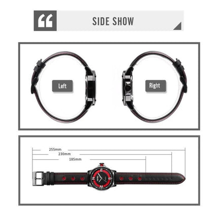 Skmei Men's Business Watch for Everyday Professional Use side view and dimensions showing left/right profiles and strap length