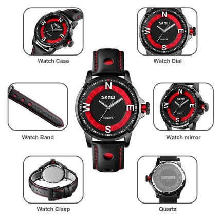Skmei Men's Business Watch for Everyday Professional Use - black red quartz round dial luminous strap showcasing case, band, clasp and back view