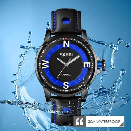Skmei Men's Business Watch for Everyday Professional Use - black round quartz dial with luminous hands and blue accents, 30M waterproof