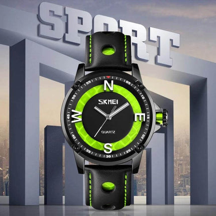 Skmei Men's Business Watch for Everyday Professional Use - black and neon green quartz round dial with luminous hands and leather strap