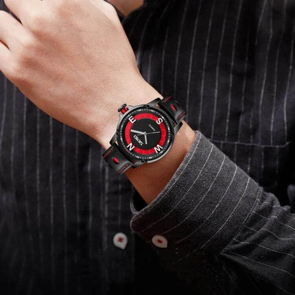 Skmei Men's Business Watch for Everyday Professional Use on wrist with black red dial, luminous markers and quartz movement, styled for meetings and casual wear