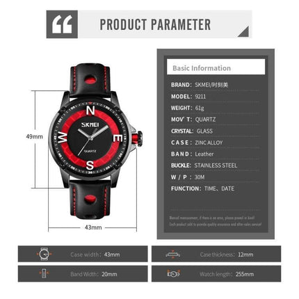 Skmei Men's Business Watch for Everyday Professional Use black red leather strap quartz round dial luminous markers product parameters
