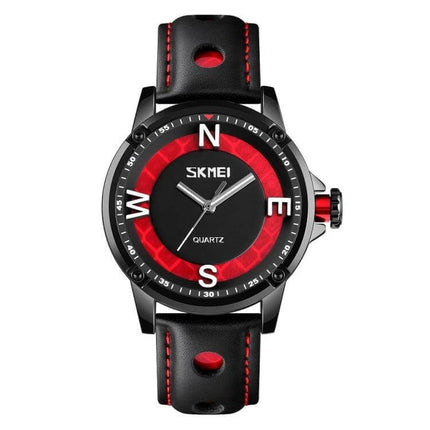Skmei Men's Business Watch for Everyday Professional Use - black and red round dial quartz watch with luminous hands and leather strap