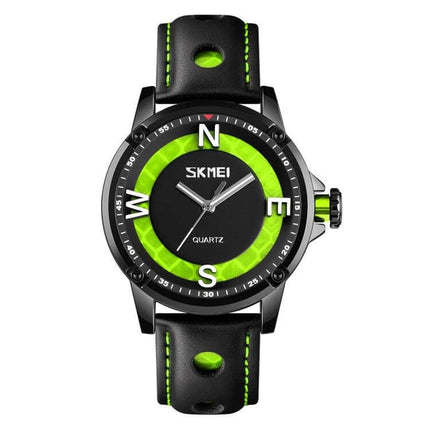 Skmei Men's Business Watch for Everyday Professional Use - black quartz round dial with green luminous ring and black leather strap