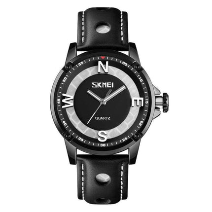 Skmei Men's Business Watch for Everyday Professional Use - black round dial quartz watch with luminous hands and leather strap for work and casual wear