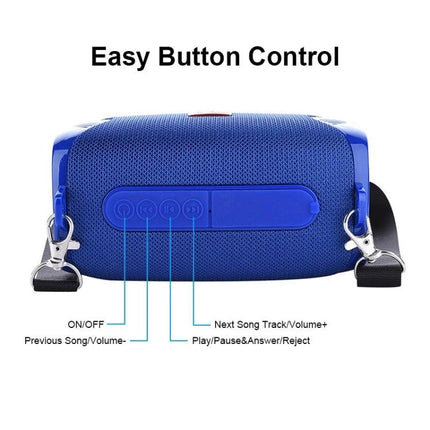 TG Portable Bluetooth Speaker With Adjustable Shoulder Strap, Waterproof showing easy button control and detachable shoulder strap