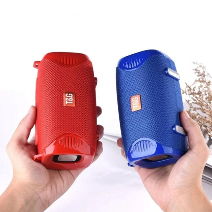TG Portable Bluetooth Speaker With Adjustable Shoulder Strap, Waterproof in red and blue held in hands, portable outdoor audio