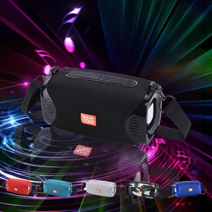 TG Portable Bluetooth Speaker With Adjustable Shoulder Strap, Waterproof shown black with strap and colorful background