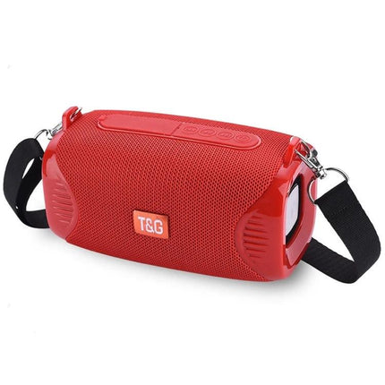 TG Portable Bluetooth Speaker With Adjustable Shoulder Strap, Waterproof in red with removable black strap, waterproof mesh cover