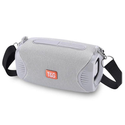 TG Portable Bluetooth Speaker With Adjustable Shoulder Strap, Waterproof shown in gray with removable black strap and 360° sound