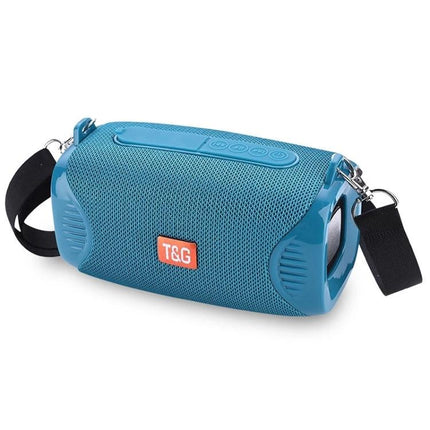 TG Portable Bluetooth Speaker With Adjustable Shoulder Strap, Waterproof shown in blue with removable strap and 360° outdoor sound