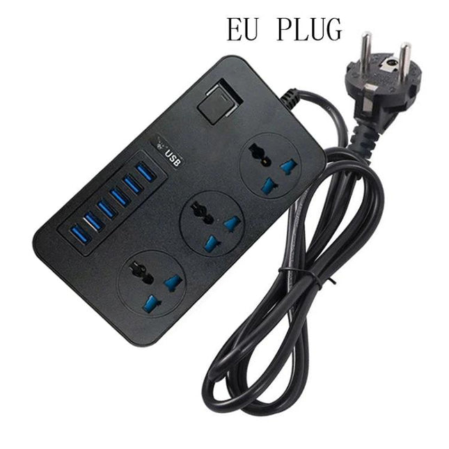International Universal Power Adapter with 3 Outlets and 6 USB Ports black EU plug travel power strip with six USB ports