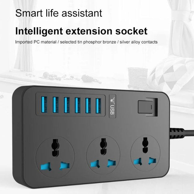 International Universal Power Adapter with 3 Outlets and 6 USB Ports compact black travel adapter with six USB ports and three universal outlets