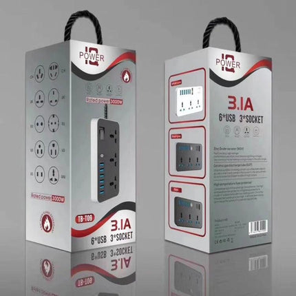 International Universal Power Adapter with 3 Outlets and 6 USB Ports, travel-ready multi-plug charger with 3 sockets and 6 USB ports in retail packaging
