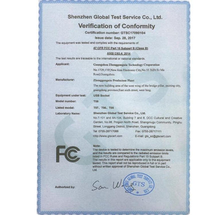 International Universal Power Adapter with 3 Outlets and 6 USB Ports certification document showing verification of conformity