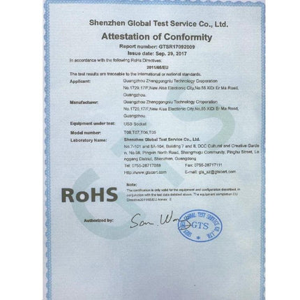 International Universal Power Adapter with 3 Outlets and 6 USB Ports certification document showing RoHS attestation and GTS stamp