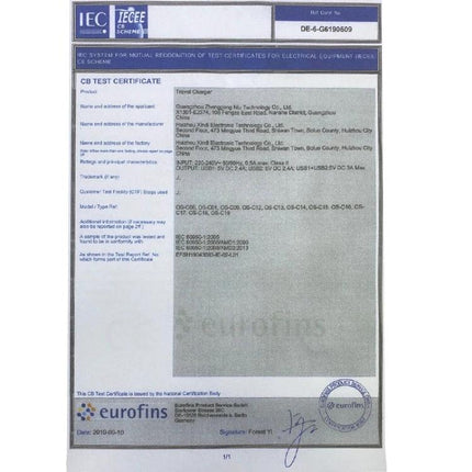 International Universal Power Adapter with 3 Outlets and 6 USB Ports showing CE/IEC test certificate document for compliance and safety