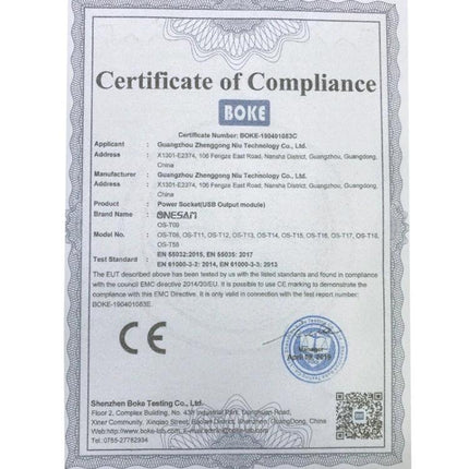 International Universal Power Adapter with 3 Outlets and 6 USB Ports shown beside compliance certificate for travel charging