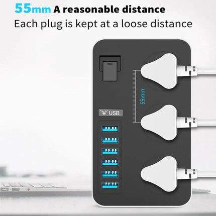 International Universal Power Adapter with 3 Outlets and 6 USB Ports black unit showing three spaced outlets and six USB ports for travel charging
