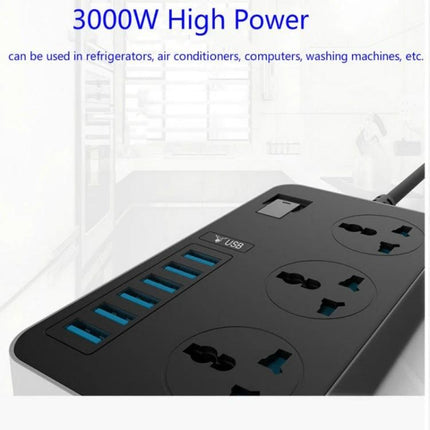 International Universal Power Adapter with 3 Outlets and 6 USB Ports black travel power strip showing three universal outlets and six USB ports
