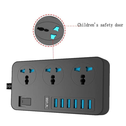 International Universal Power Adapter with 3 Outlets and 6 USB Ports showing three multi-plug sockets, six USB ports and child safety doors