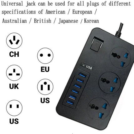 International Universal Power Adapter with 3 Outlets and 6 USB Ports black travel power strip showing three outlets and six USB ports, global plug compatibility