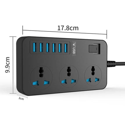 International Universal Power Adapter with 3 Outlets and 6 USB Ports - compact black travel charger with three global sockets and six USB ports
