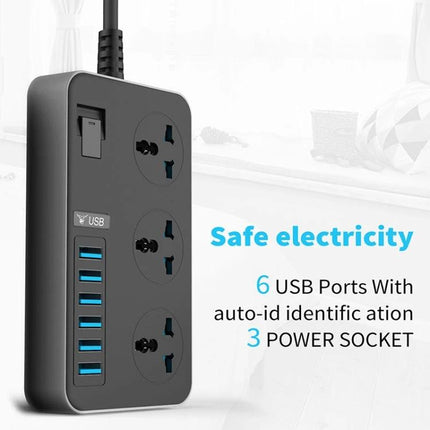 International Universal Power Adapter with 3 Outlets and 6 USB Ports - black travel power strip with 3 sockets and 6 USB charging ports