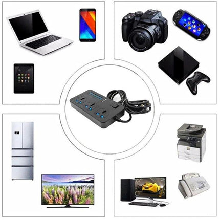 International Universal Power Adapter with 3 Outlets and 6 USB Ports charging laptop, smartphone, camera, game console and home electronics