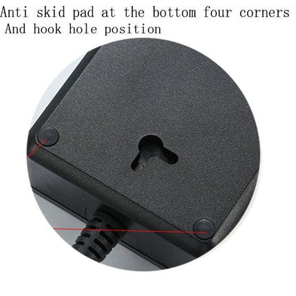 International Universal Power Adapter with 3 Outlets and 6 USB Ports showing anti-skid pads and hook hole on bottom for secure mounting