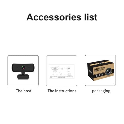 C3 Webcam for Video Conferences and Live Broadcasting - accessories list showing webcam, instructions, and packaging