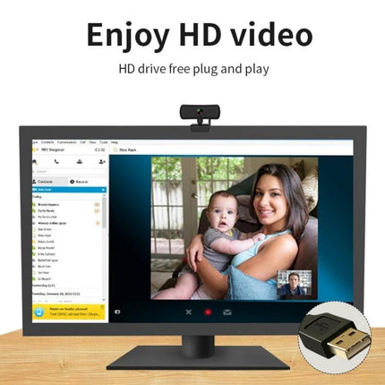 C3 Webcam for Video Conferences and Live Broadcasting showing HD video call with mother and baby, automatic light enhancement and built-in mic