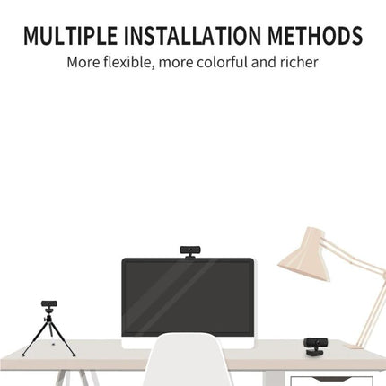 C3 Webcam for Video Conferences and Live Broadcasting on desk setup showing monitor, tripod and lamp demonstrating multiple installation methods