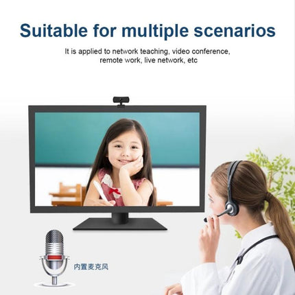 C3 Webcam for Video Conferences and Live Broadcasting showing teacher with headset and clear low-light automatic enhancement