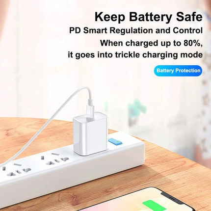 Charging Cable for Everyday iPhone Use at Home and on the Go shown plugged into power strip with fast 18W charging and battery protection