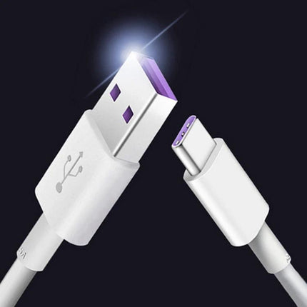 Essential USB-C Cable for Daily Device Charging Needs — white USB-A to USB-C cable shown with purple connector tips