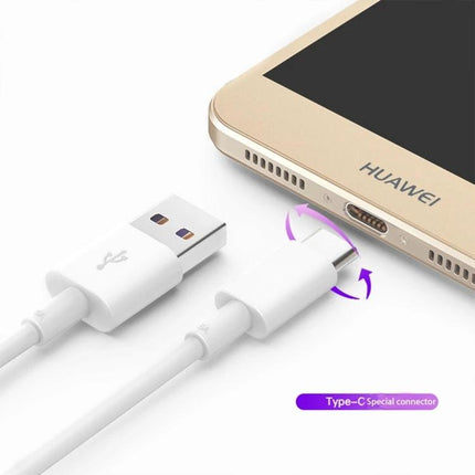 Essential USB-C Cable for Daily Device Charging Needs — white USB-A to USB-C cable connecting to Huawei phone for everyday charging and data transfer