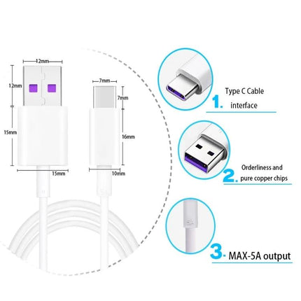 Essential USB-C Cable for Daily Device Charging Needs showing Type-C and USB-A connectors, measurements, pure copper chips, and MAX-5A output