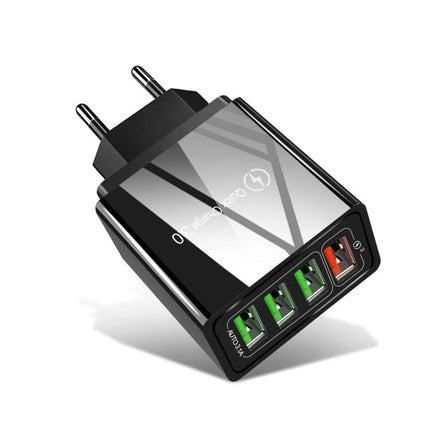 EU Travel Charger for Everyday Phone and Tablet Powering — compact black EU plug with four USB ports for phones and tablets