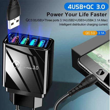 EU Travel Charger for Everyday Phone and Tablet Powering - 4USB QC3.0 EU plug wall charger for phones and tablets, fast charging multiple devices