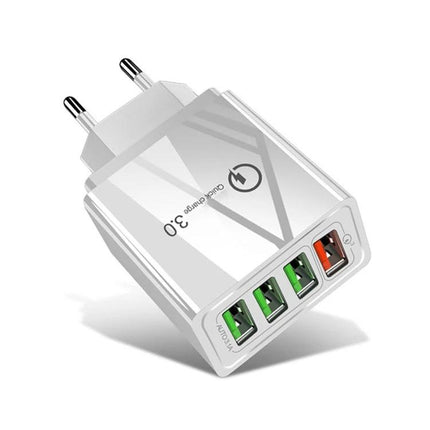 EU Travel Charger for Everyday Phone and Tablet Powering – white EU plug 4-port USB fast charger for phones and tablets