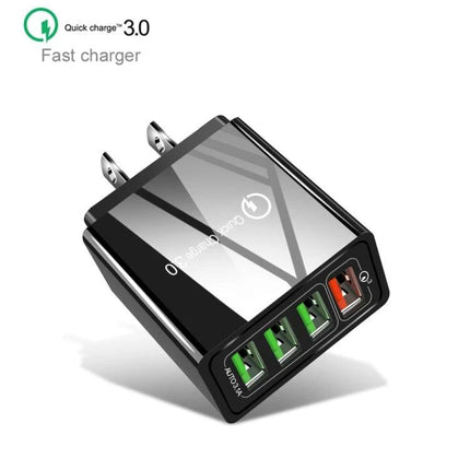 Compact Travel Charger for Everyday Device Use on the Go - black multi-port fast USB wall charger with 3 green and 1 orange ports