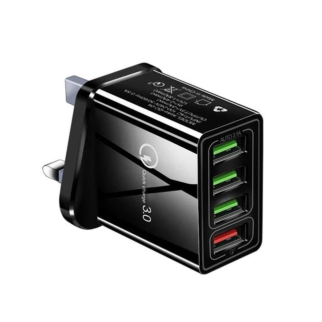 Essential UK Plug Charger for Phones During Travel - black 4-port USB charger with Quick Charge ports for smartphones and tablets
