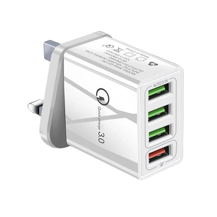 Essential UK Plug Charger for Phones During Travel - white 4-port USB UK wall charger with Quick Charge 3.0 for smartphones and tablets