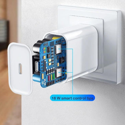 Handy Charger Set for Daily Phone Use on the Go with PD 18W charger and Type-C cable plugged into wall, internal circuitry visible