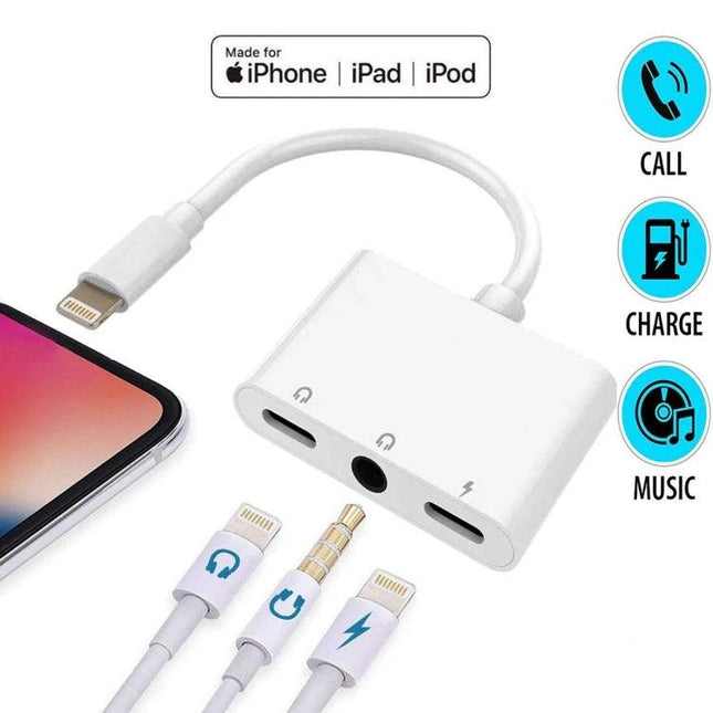 Earphone Adapter for Daily iPhone Charging and Music Listening - white dual Lightning and 3.5mm splitter for charging and audio