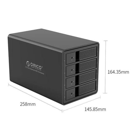 Orico 3.5-Inch Multi-Bay Hard Drive Enclosure in Black showing 4-bay front, aluminum body, dimensions 258x145.85x164.35mm