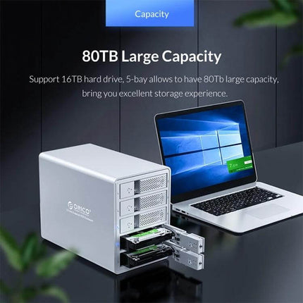 Orico 3.5-Inch Multi-Bay Hard Drive Enclosure in Black shown with laptop, aluminum 5-bay design supporting up to 80TB storage