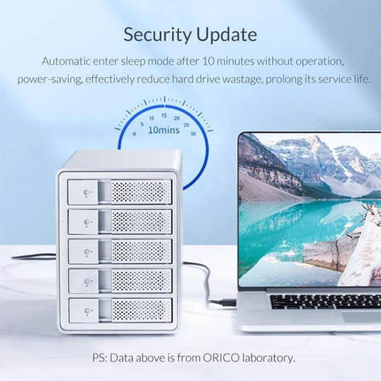 Orico 3.5-Inch Multi-Bay Hard Drive Enclosure in Black shown connected to laptop with five-drive bays and sleep mode graphic