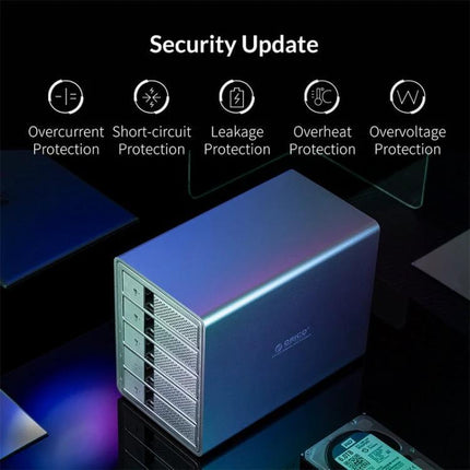 Orico 3.5-Inch Multi-Bay Hard Drive Enclosure in Black showing aluminum multi-bay chassis and security protection icons